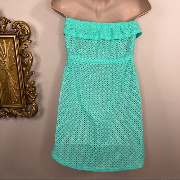 Juniors XL OP Teal Green Lace Strapless Dress Ruffle Swim Cover Vacation Beach - Picture 7 of 15